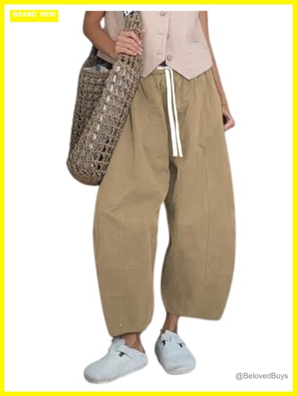 Women's Wide Leg Barrel Pants Drawstring Elastic Waist Cropped Palazzo